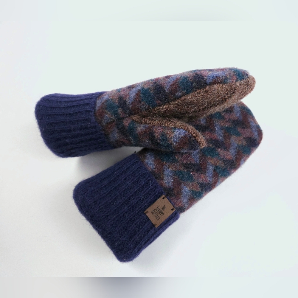 Upcycled Navy Blue and Brown Big Kids Wool Mittens Sherpa Lining Children's